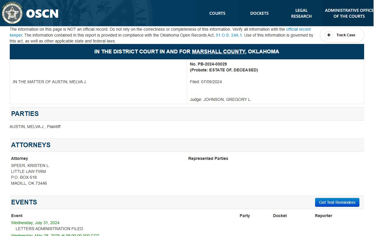 Marshall County probate court docket for case PB-2024-00029 on OSCN