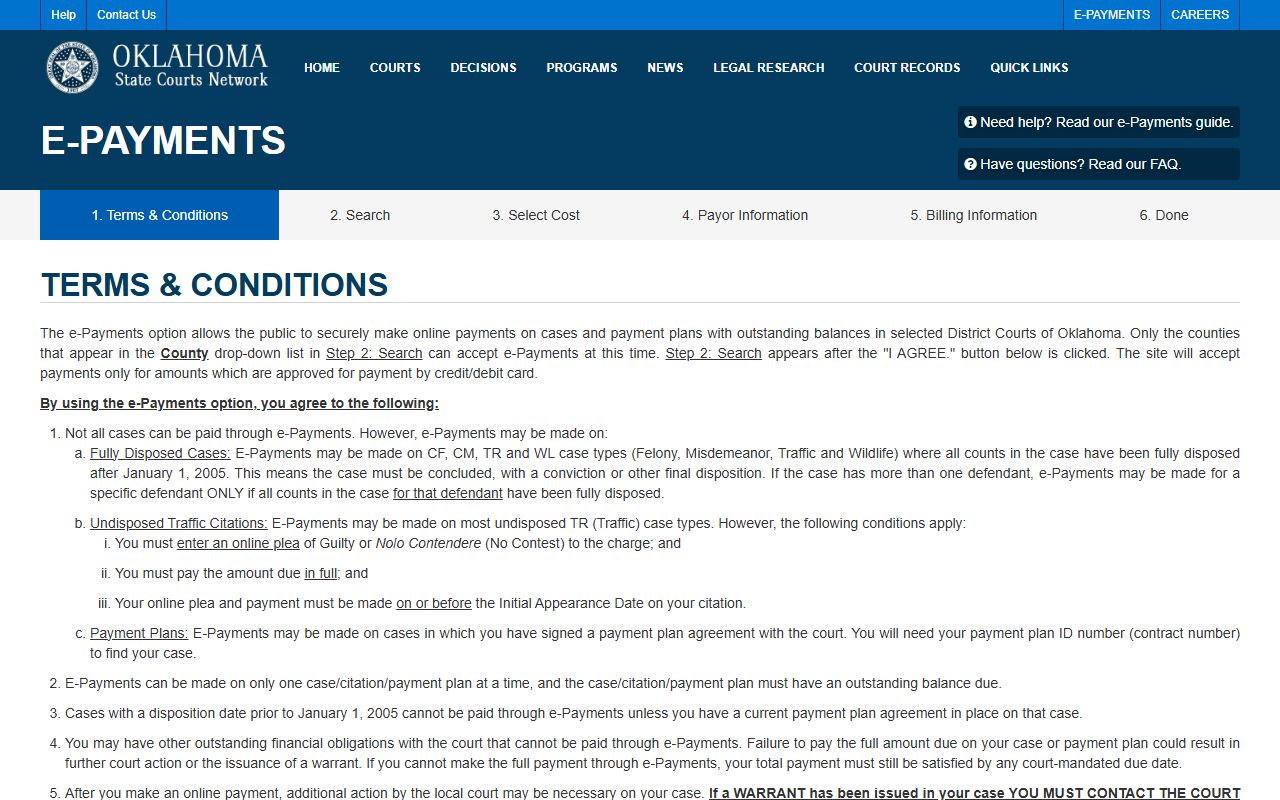 Marshall County court docket payment screen on OSCN e-Payments