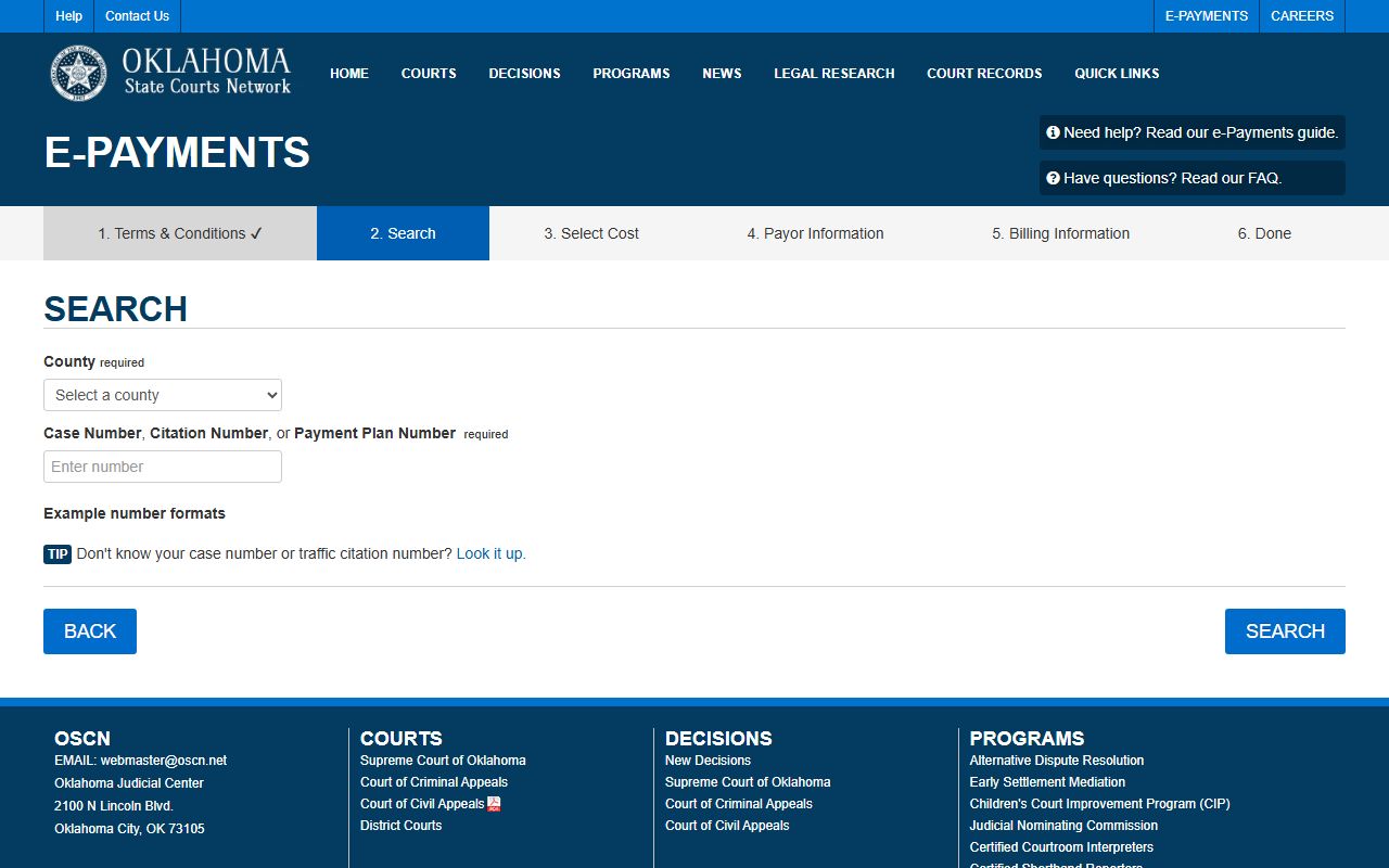 Marshall County court docket case lookup on the OSCN e-Payments search screen