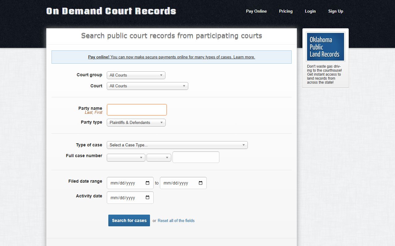 ODCR public search page for Marshall County court records