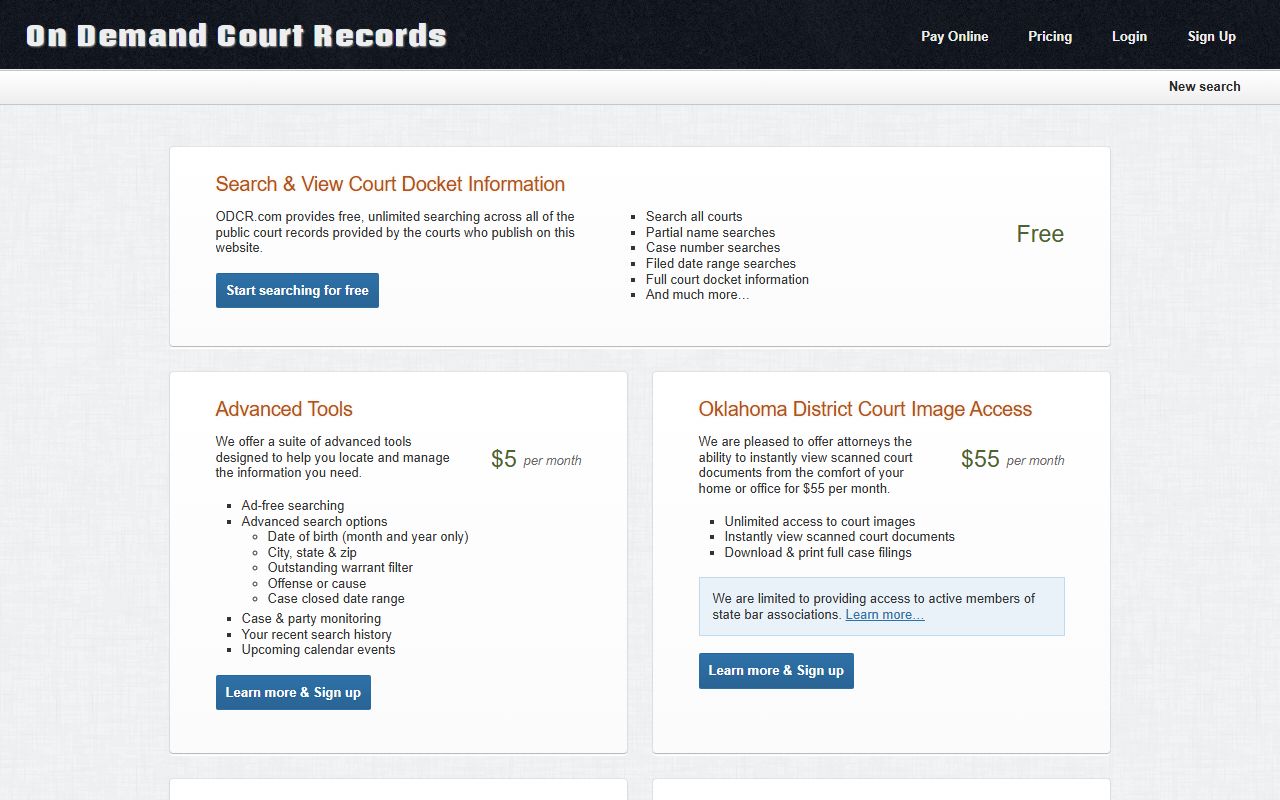 ODCR pricing page confirming free Marshall County court records search
