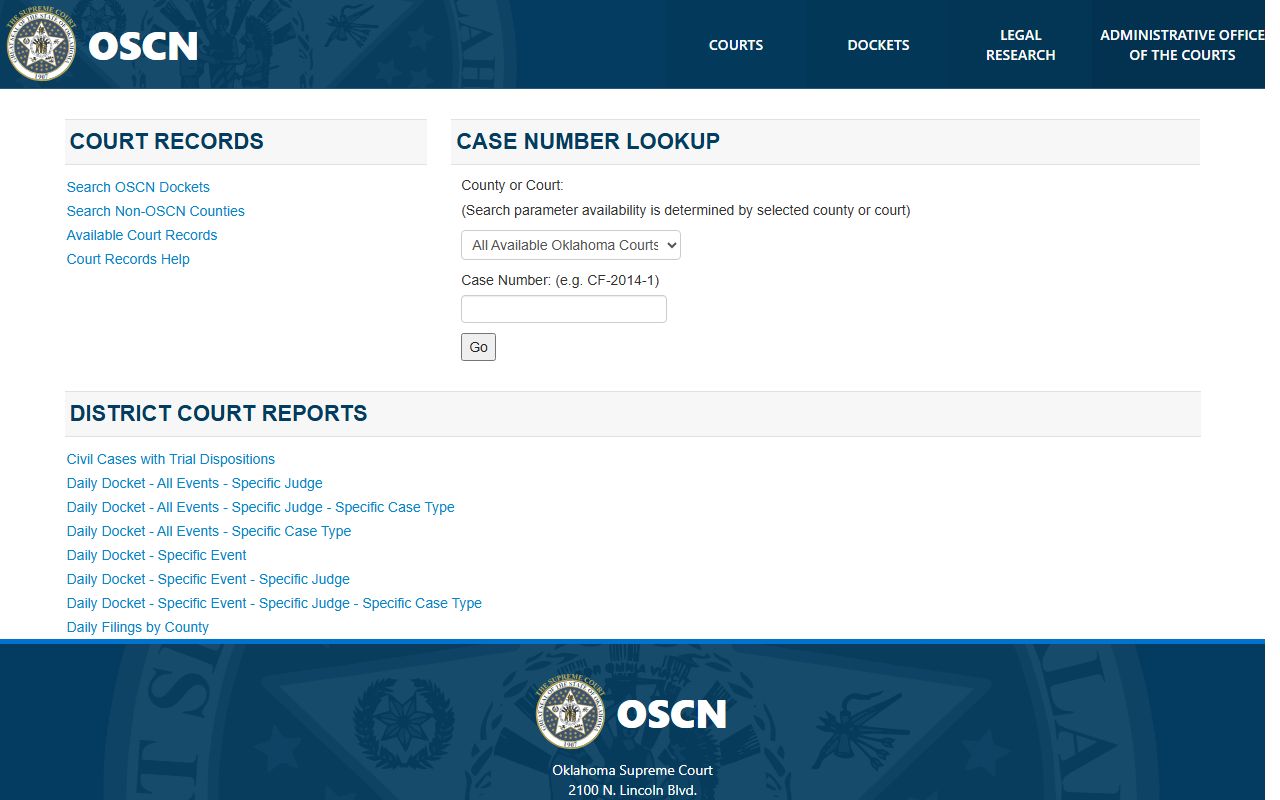 OSCN docket search page for Marshall County court records