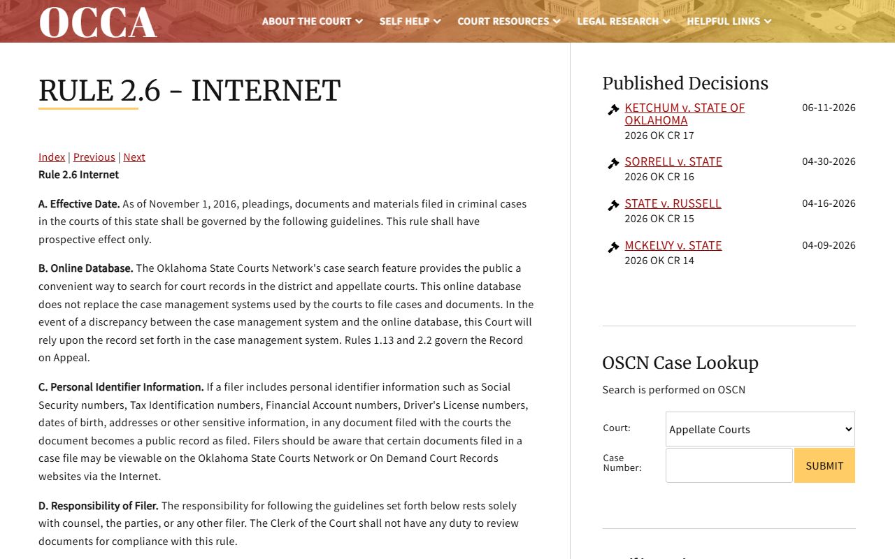 Oklahoma rule explaining online access to Marshall County court records