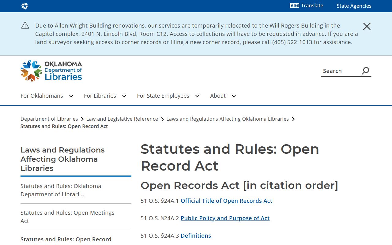 Oklahoma Open Records Act page governing Marshall County court records