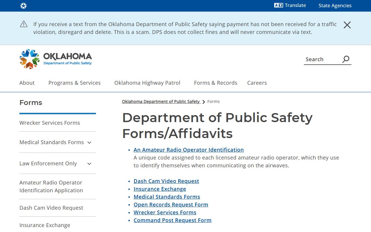 Oklahoma DPS forms page for Marshall County traffic court records and crash reports