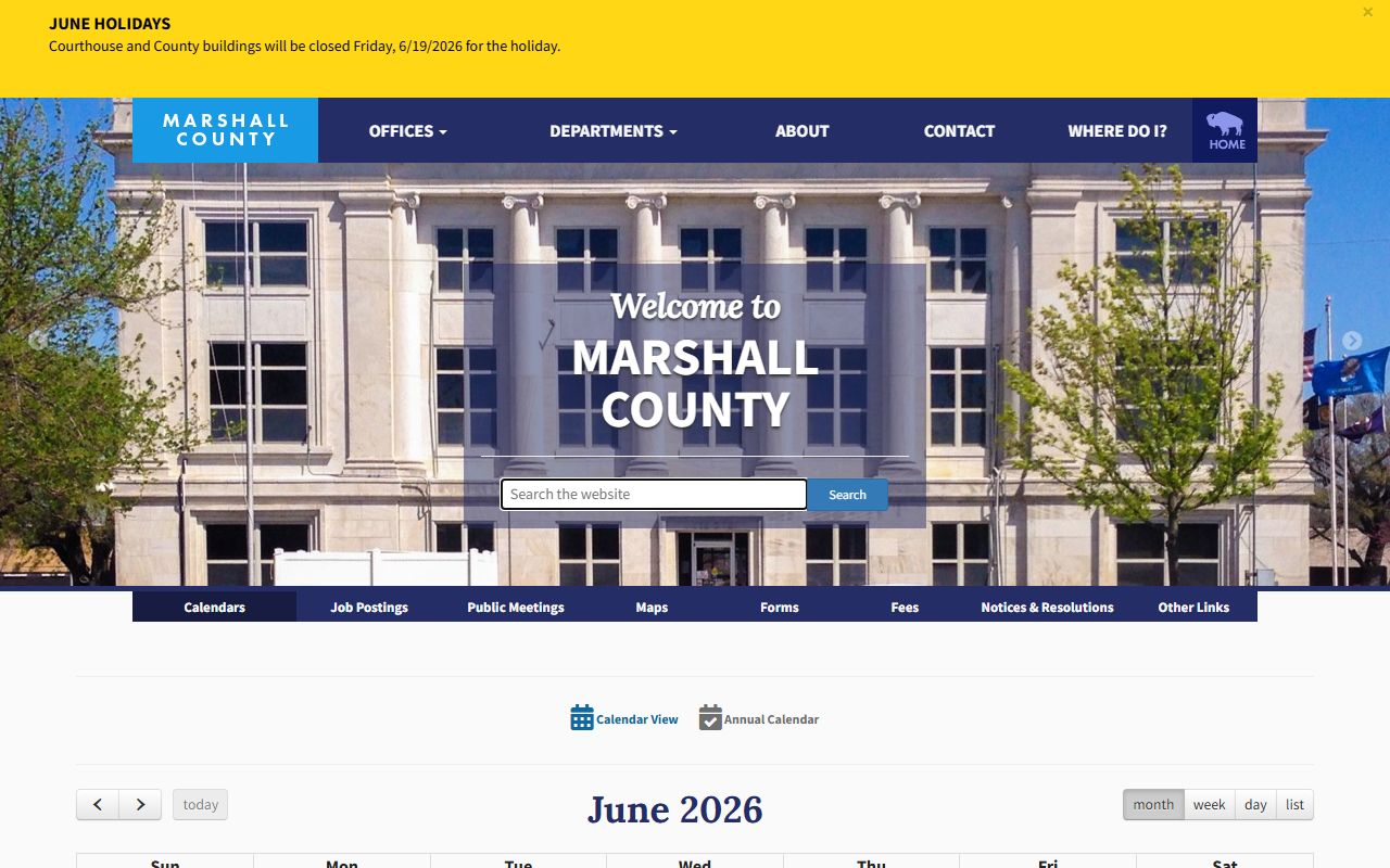 Marshall County court records office closure calendar page