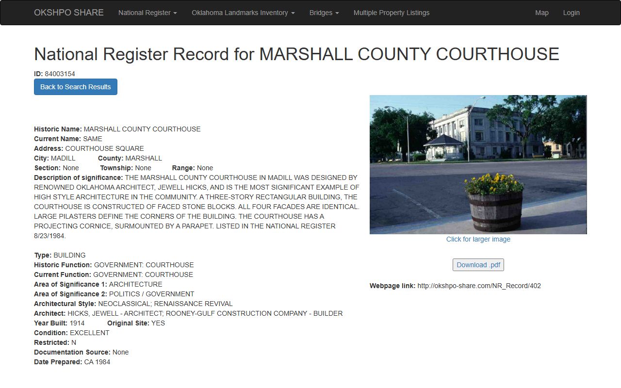 Marshall County courthouse court records building on the National Register record
