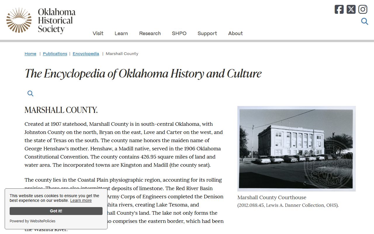 Marshall County jail and inmate records area in the county history profile